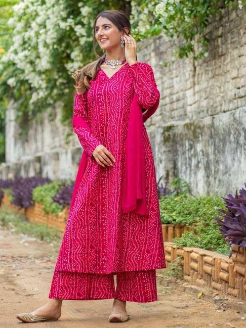 dimple design studio magenta cotton printed kurta palazzo set with dupatta