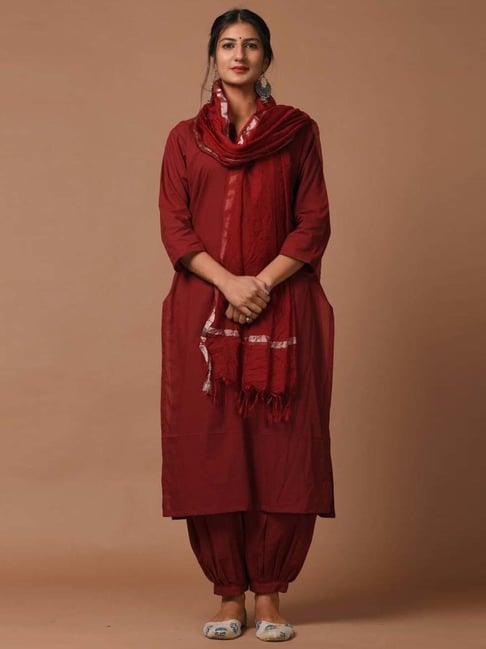 dimple design studio maroon cotton kurta pant set with dupatta