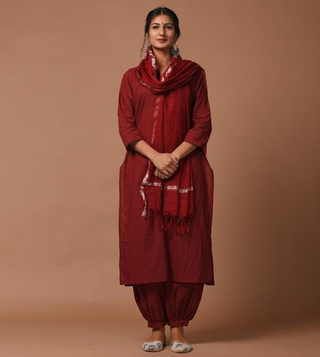 dimple design studio maroon doria kurta with pant and dupatta