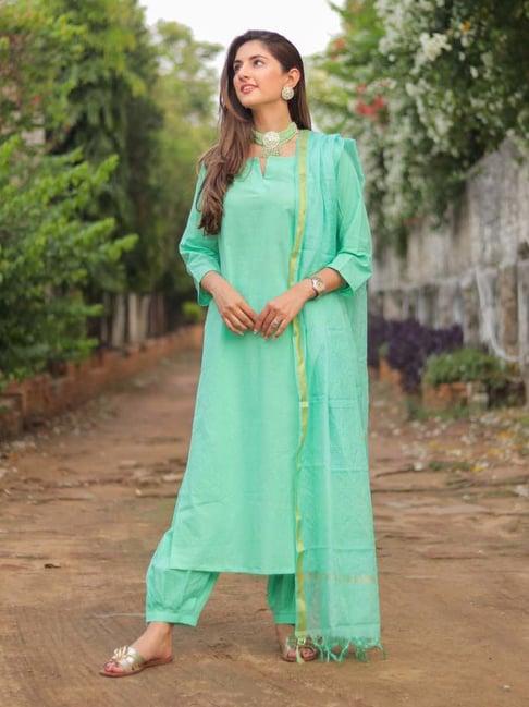 dimple design studio mint green cotton kurta pant set with dupatta