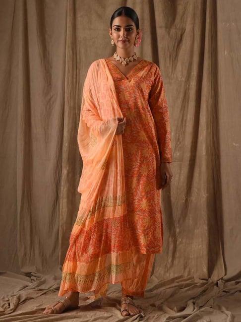 dimple design studio orange cotton floral print kurta pant set with dupatta
