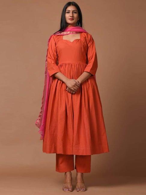 dimple design studio orange cotton kurta palazzo set with dupatta