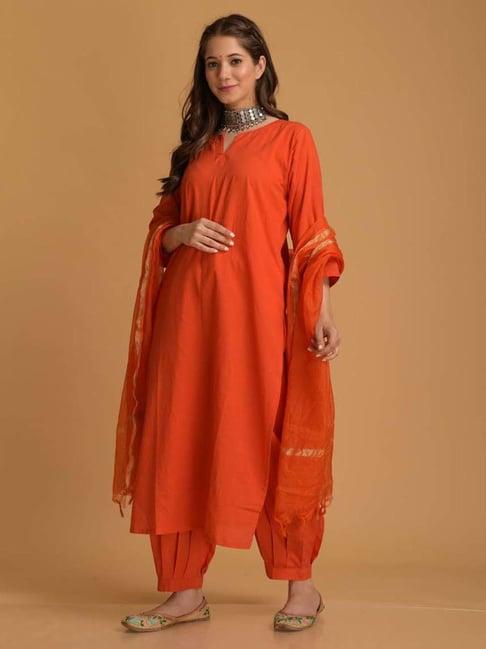 dimple design studio orange cotton kurta pant set with dupatta