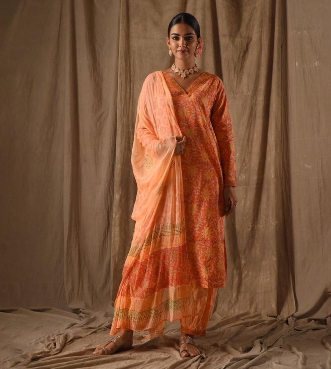 dimple design studio orange floral kurta with pant and dupatta