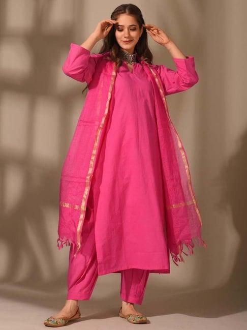 dimple design studio pink cotton kurta pant set with dupatta