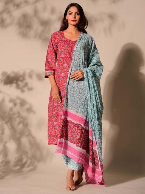 dimple design studio red & blue cotton printed kurta pant set with dupatta