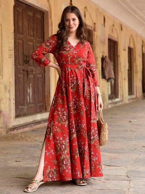 dimple design studio red cotton floral print maxi dress