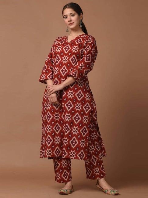 dimple design studio red cotton printed kurta pant set