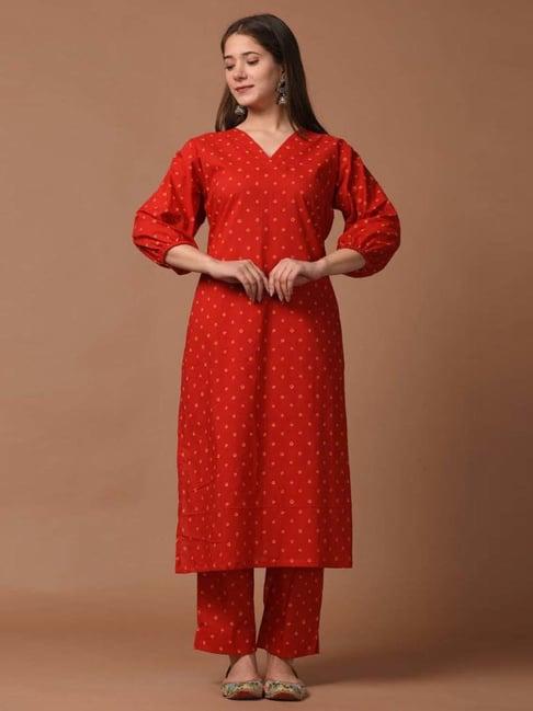 dimple design studio red cotton printed kurta pant set