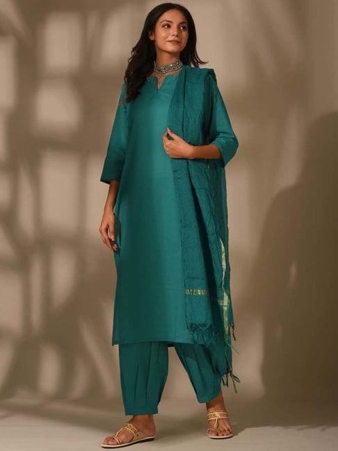 dimple design studio teal blue cotton kurta pant set with dupatta