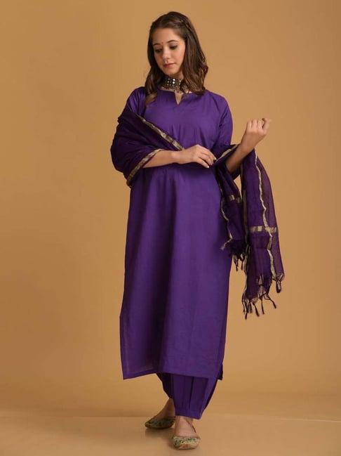 dimple design studio violet cotton kurta pant set with dupatta
