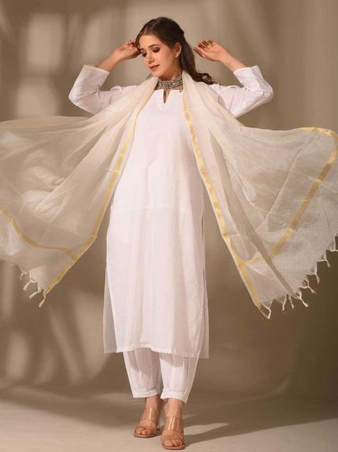 dimple design studio white cotton kurta pant set with dupatta