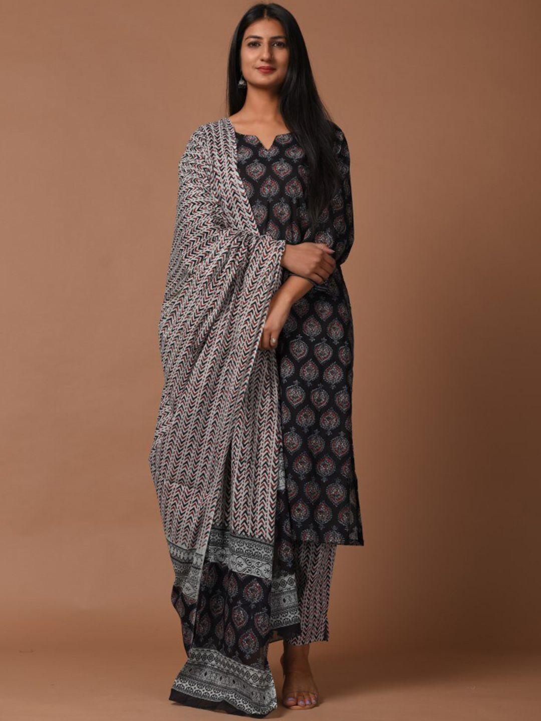 dimple design studio women black ethnic motifs printed regular pure cotton kurta with palazzos & with dupatta