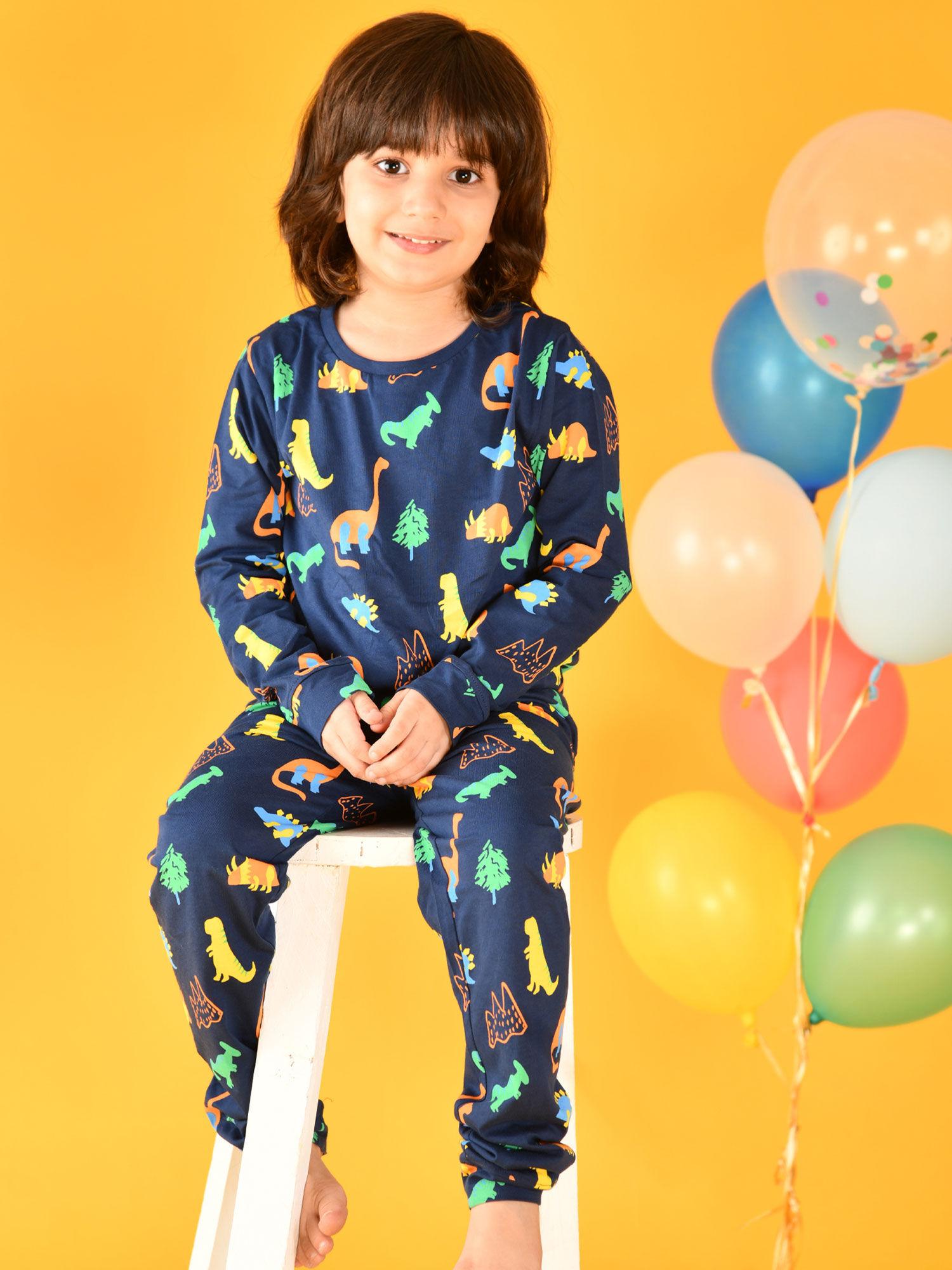 dinosaur fun long sleeves 100% cotton pyjama - navy (set of 2)