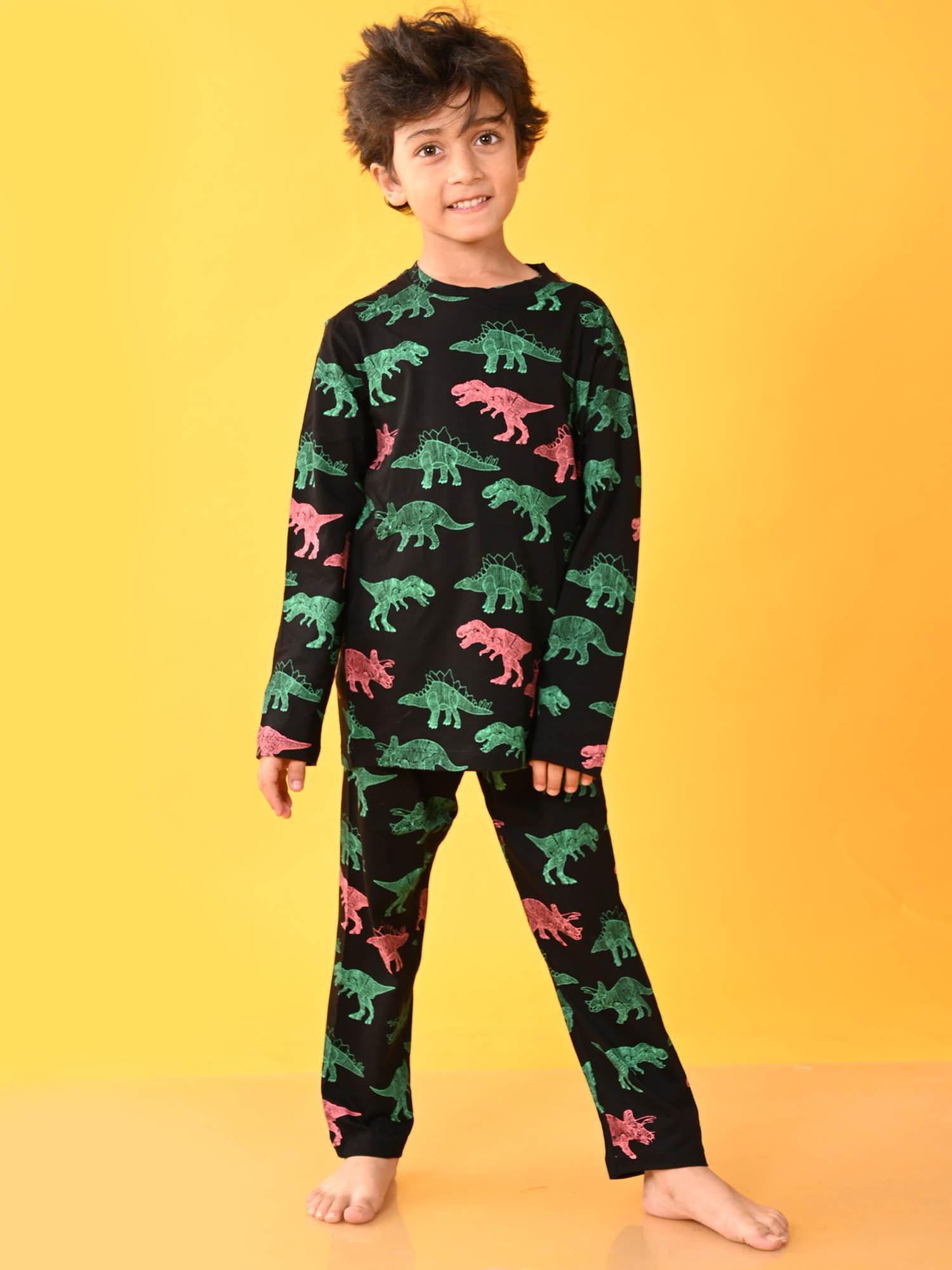 dinosaur print black full sleeves pyjama-black (set of 2)