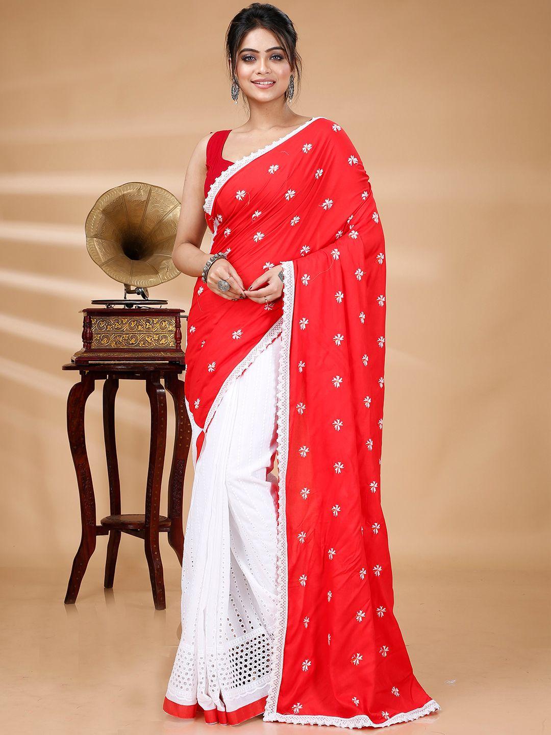 dipdiya red & white floral embroidered pure cotton tussar saree