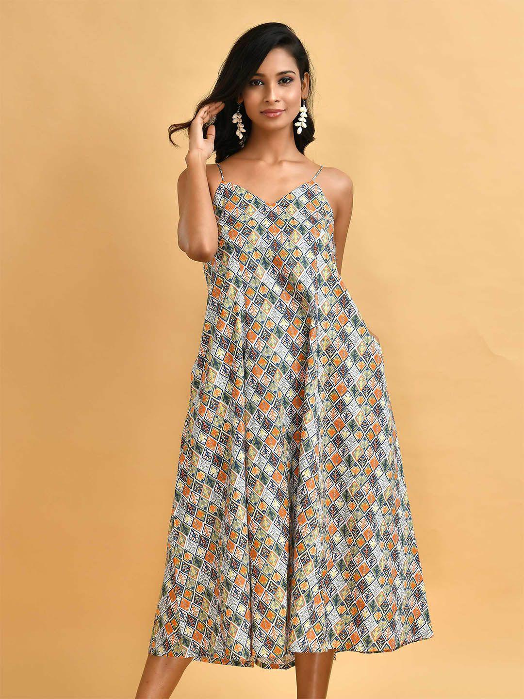 disli abstract printed shoulder straps cotton a-line midi dress