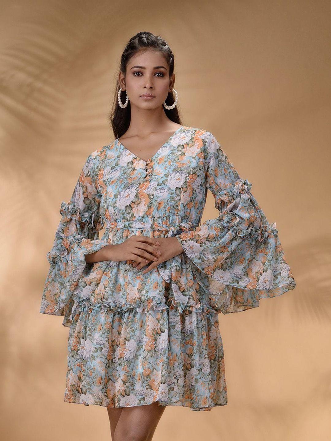 disli blue floral print tie-up neck bell sleeve georgette a-line dress