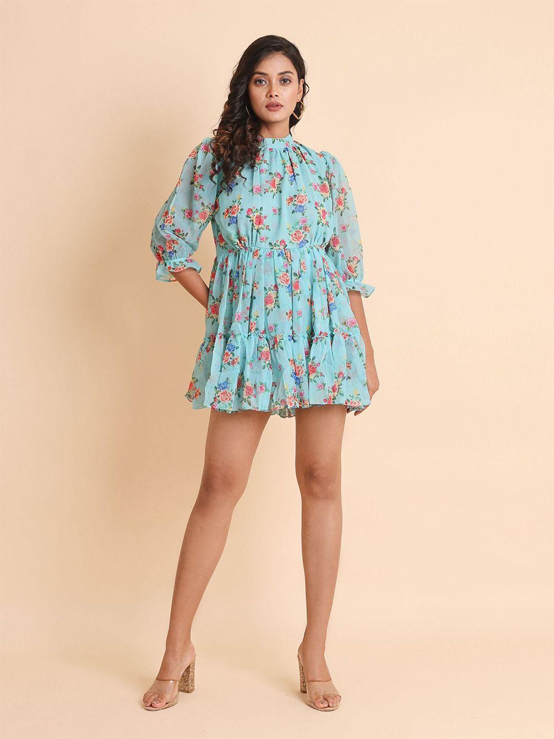 disli blue floral print tie-up neck georgette fit & flare mini dress