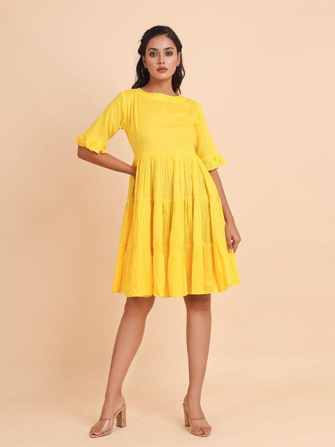 disli boat neck bell sleeve flounce hem pleated tiered cotton fit & flare dress