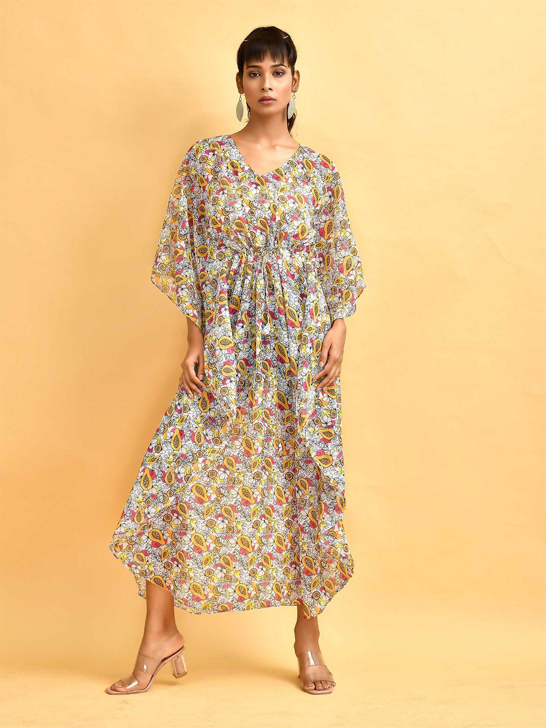 disli conversational printed flared sleeves georgette kaftan dress