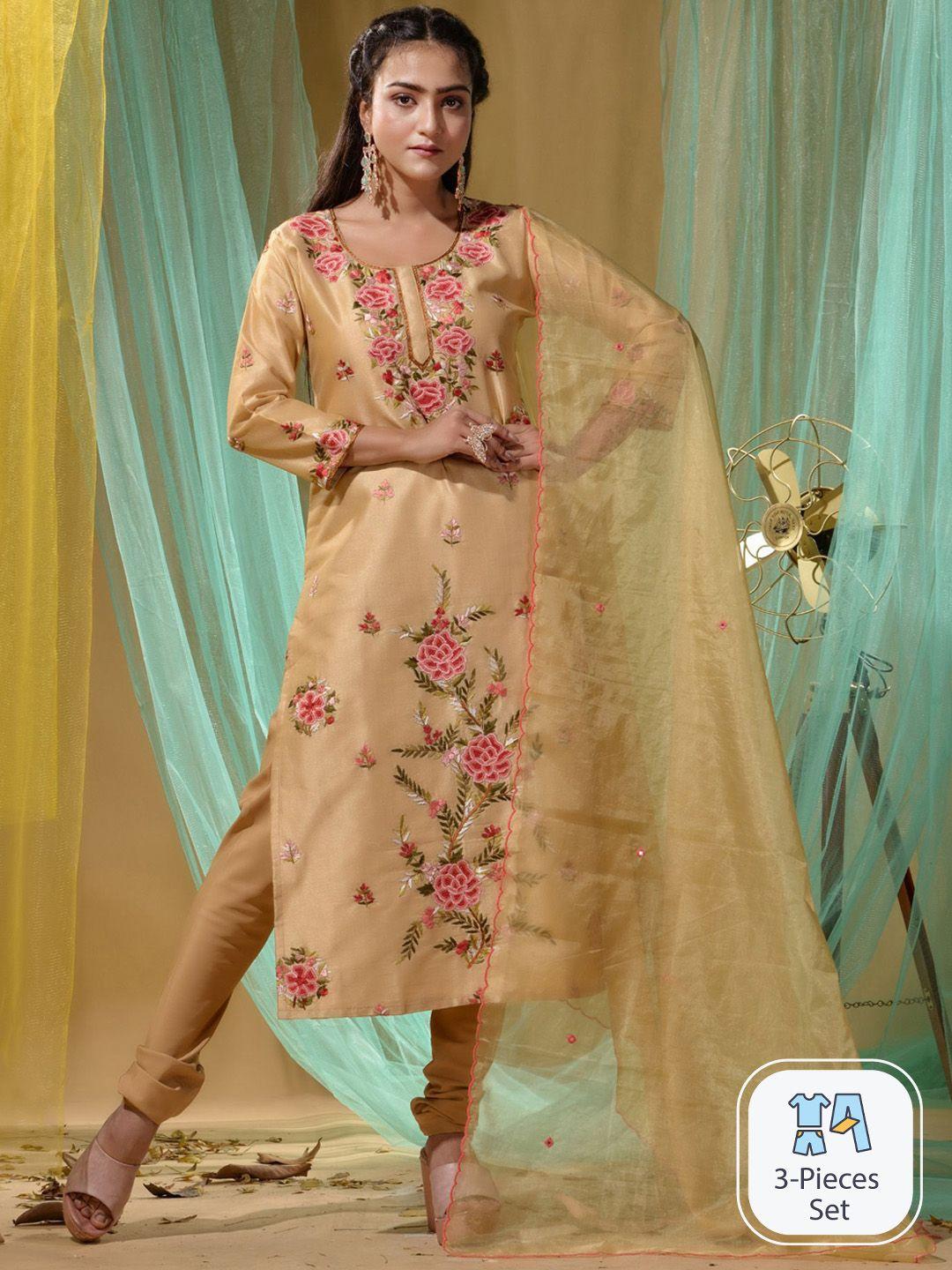 disli floral embroidered regular thread work kurta with churidar & with dupatta