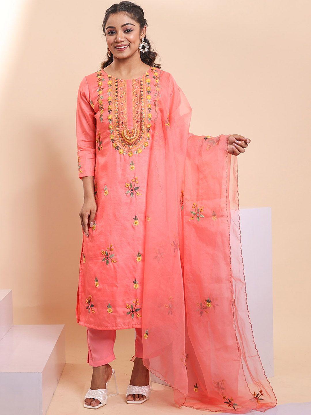 disli floral embroidered round neck pure silk straight kurta with trousers &  dupatta