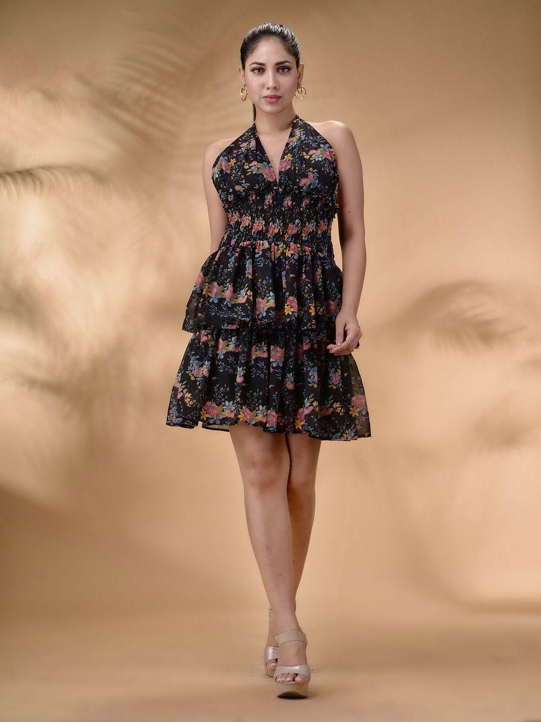 disli floral printed halter neck  layered georgette fit & flare dress