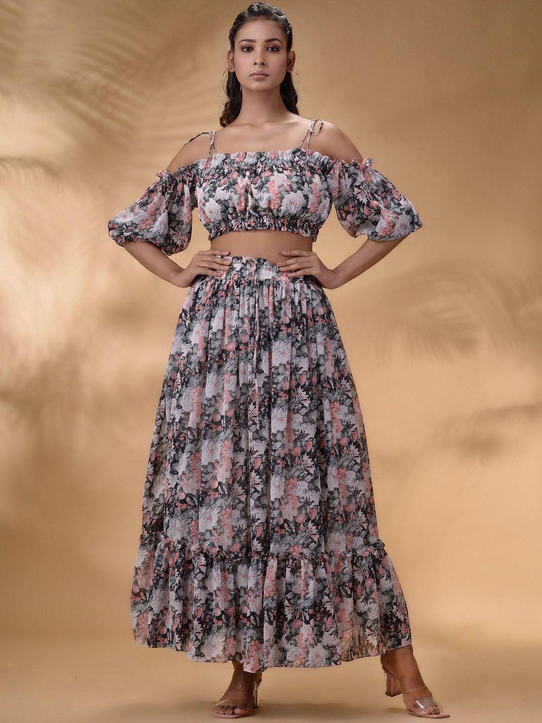 disli floral printed off-shoulder blouson top & skirt