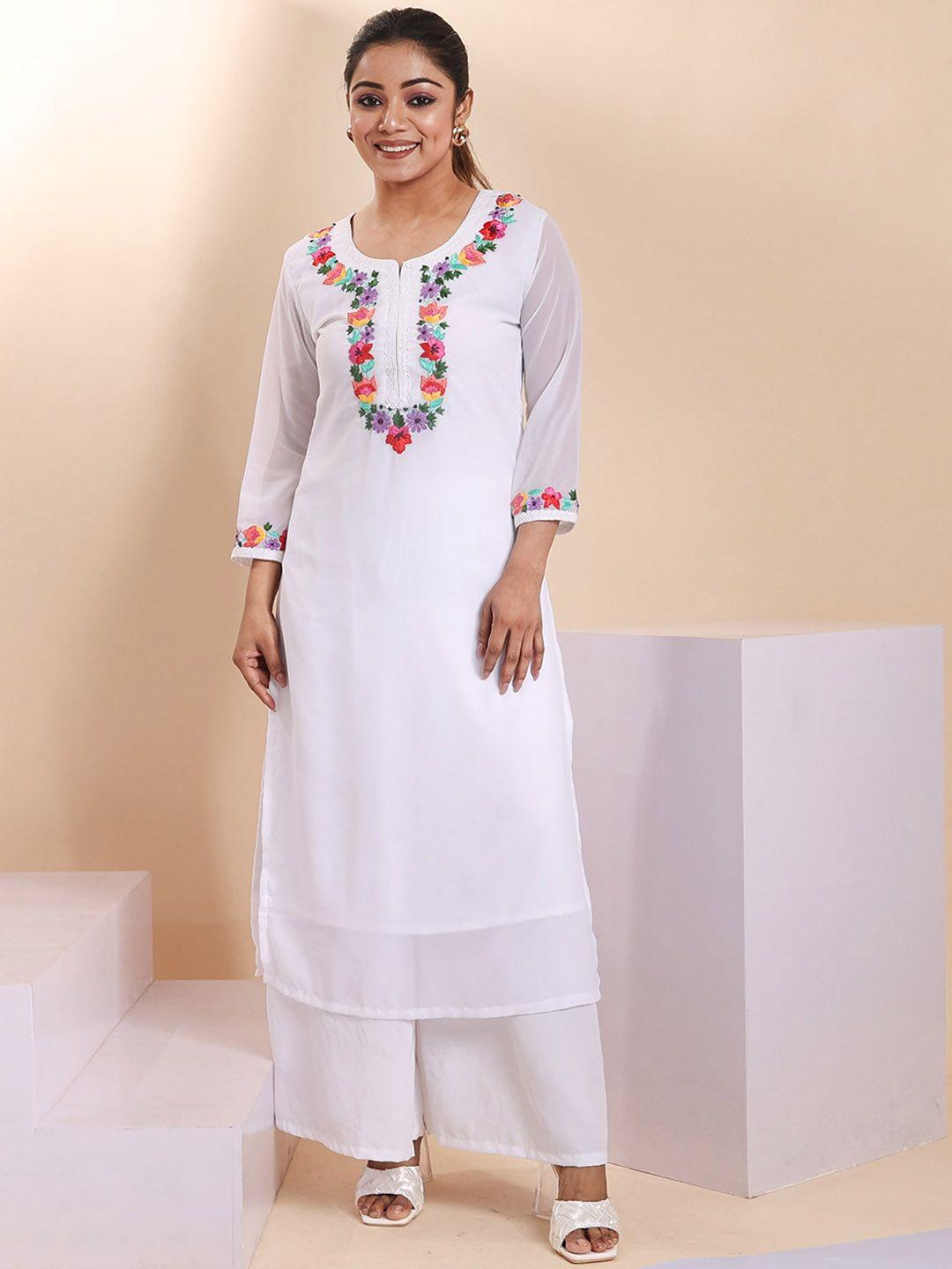 disli floral yoke design thread work straight kurta with palazzos