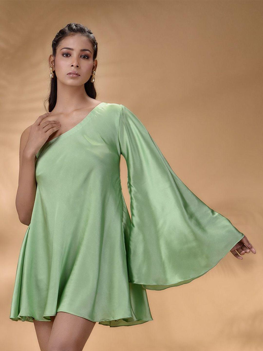 disli fluorescent green off-shoulder satin a-line mini dress