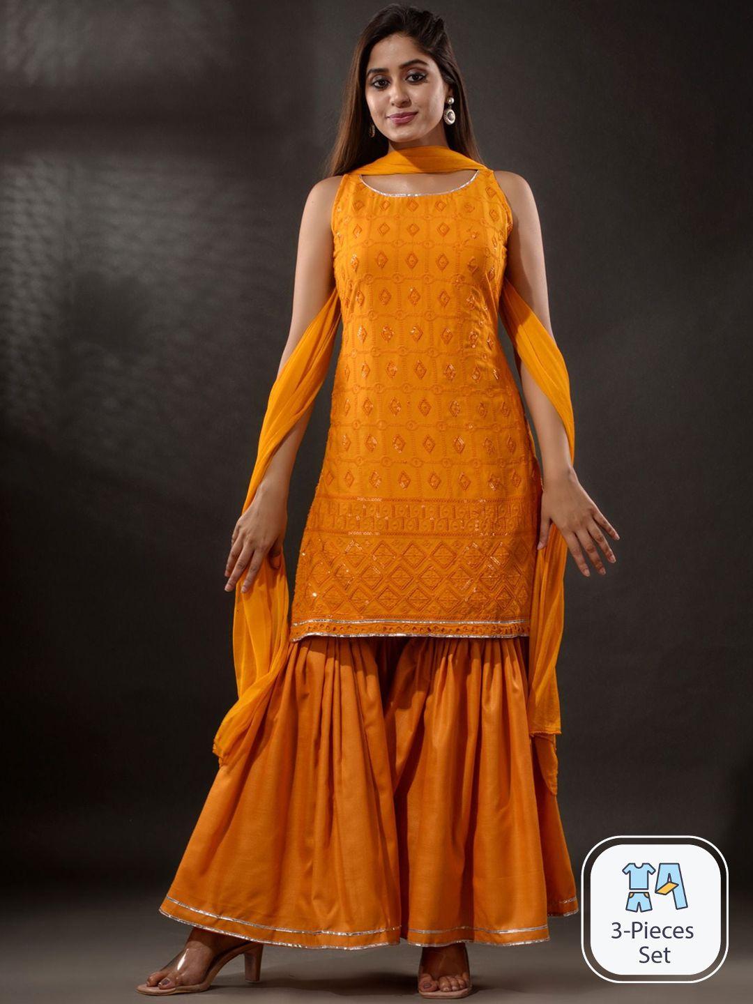 disli geometric embroidered sequinned sleeveless kurta with sharara & dupatta