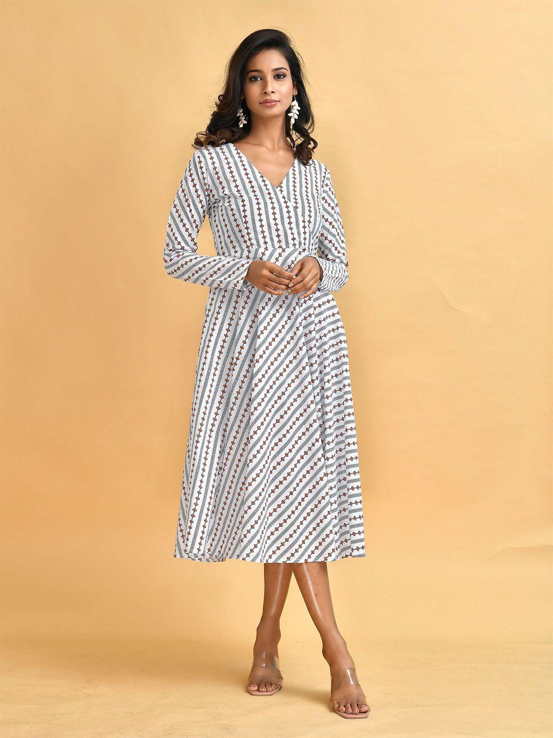 disli geometric printed v-neck cotton fit & flare midi dress