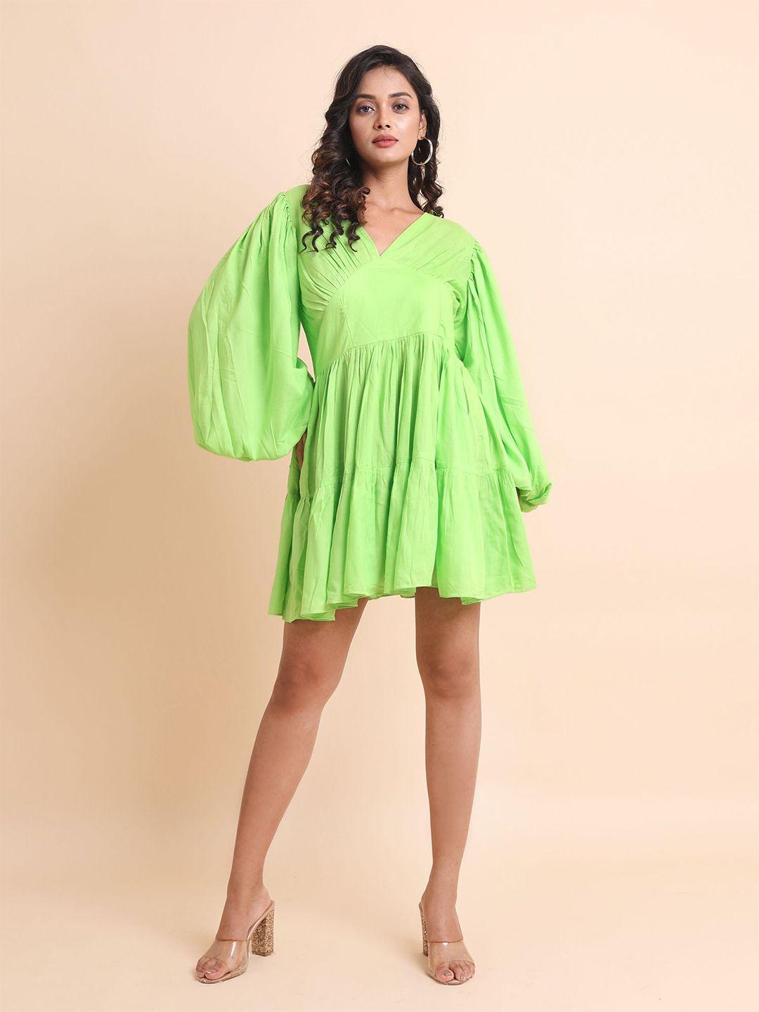 disli green embellished puff sleeve a-line dress