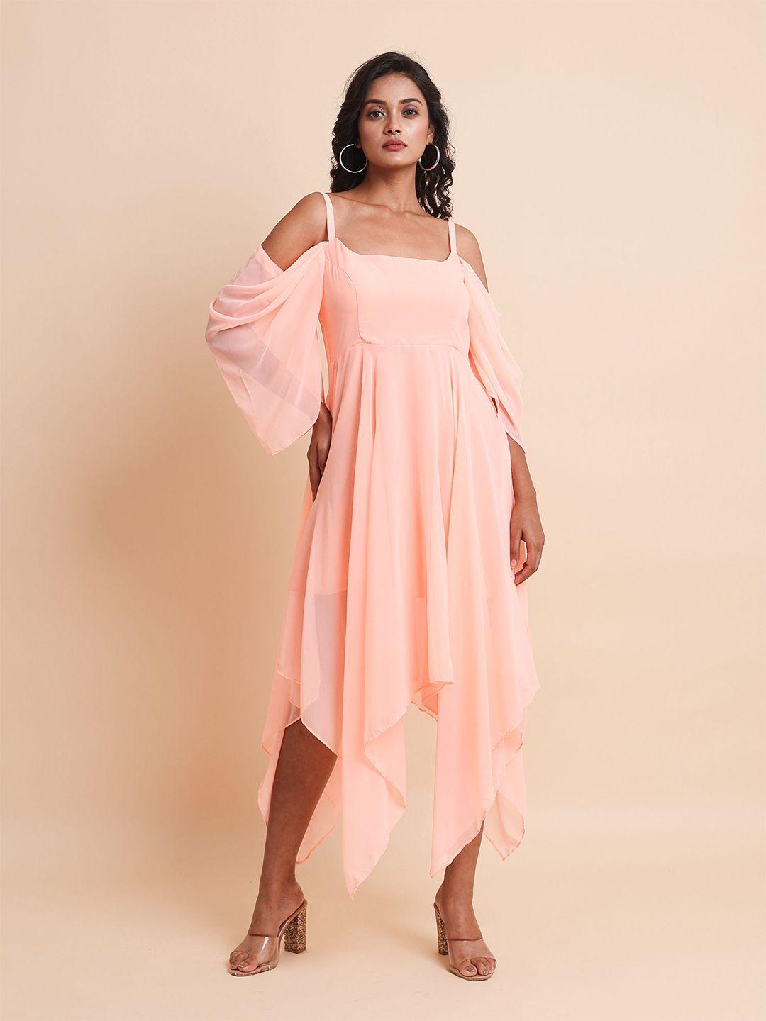 disli peach-coloured cold-shoulder georgette a-line midi dress