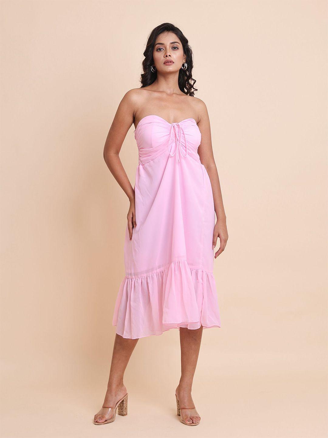 disli pink off-shoulder georgette fit & flare midi dress