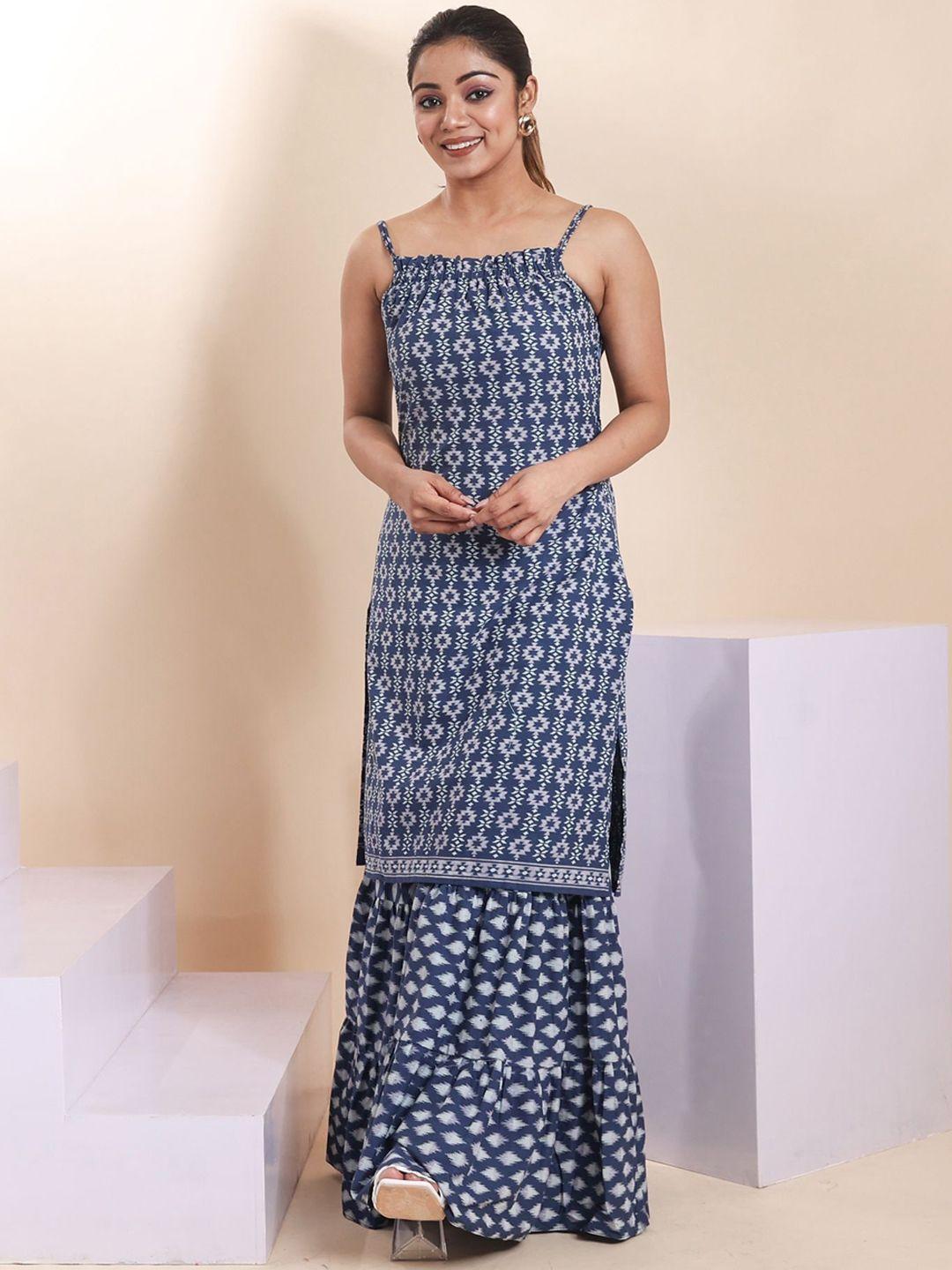 disli women blue ethnic motifs printed regular pure cotton kurti with sharara