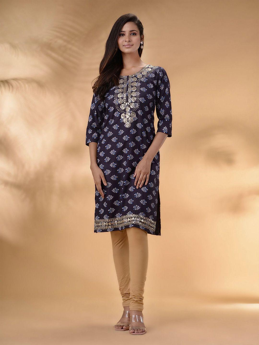 disli women blue floral printed sequinned kurta