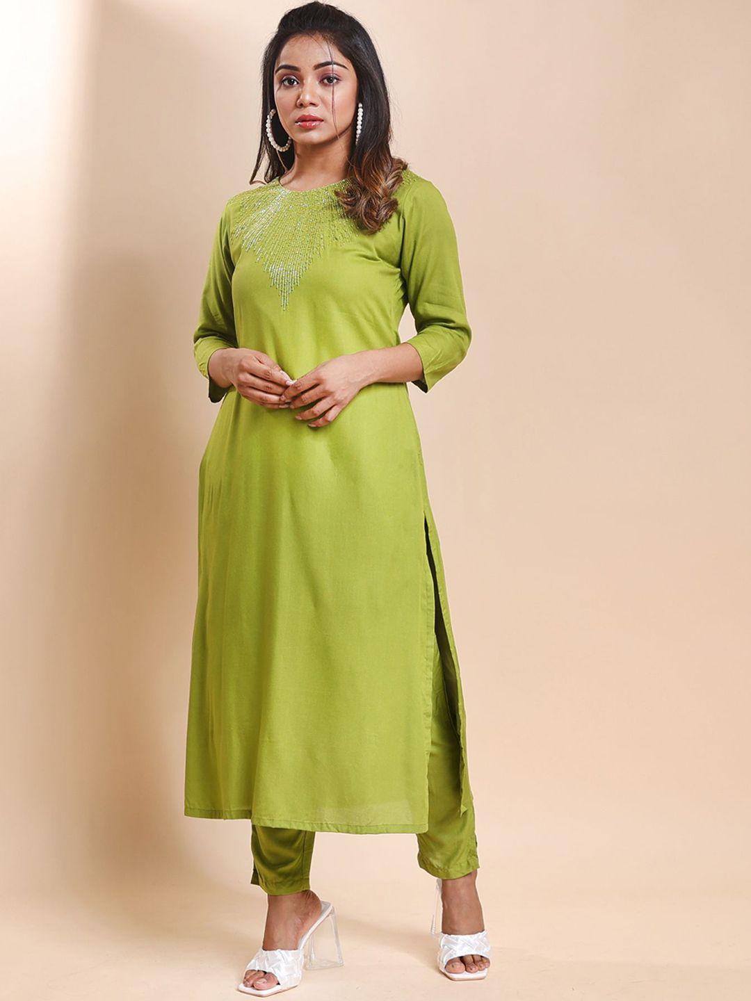 disli women green regular kurti with trousers