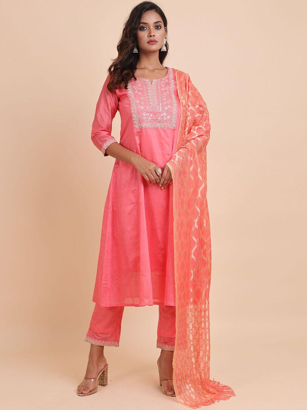 disli women pink ethnic motifs yoke design regular thread work pure silk kurti with trousers & with dupatta