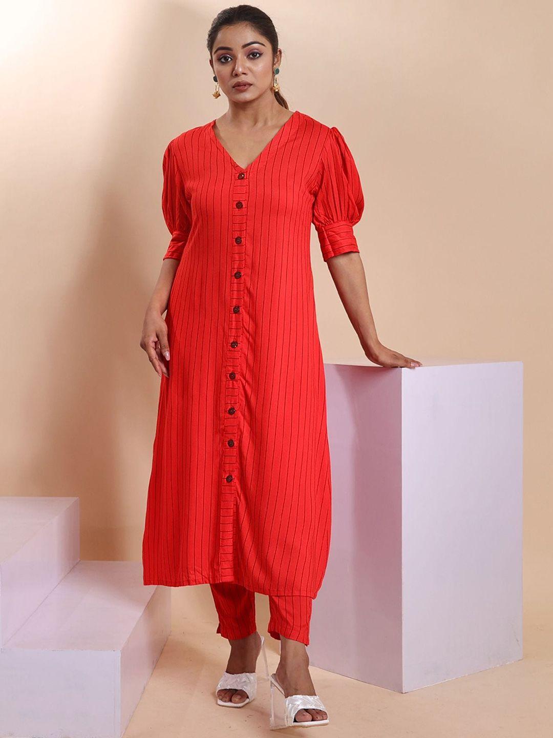 disli women red striped regular pure cotton kurti with trousers