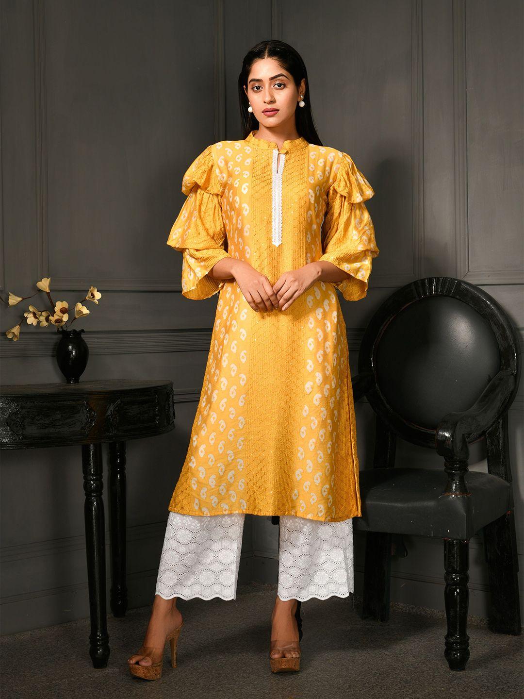disli women yellow ethnic motifs printed bell sleeves sequinned kurta