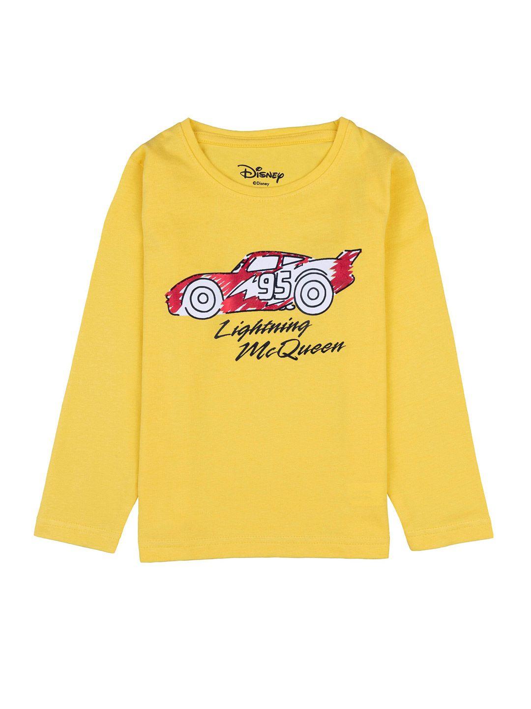 disney boys yellow typography cars lightning mcqueen printed pure cotton t-shirt