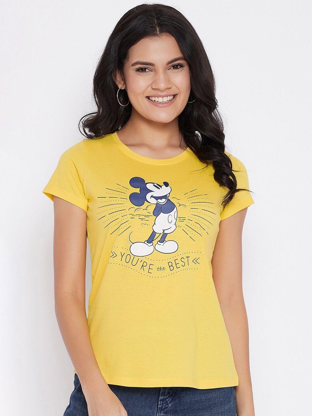 disney by wear your mind women yellow mickey mouse printed pure cotton t-shirt