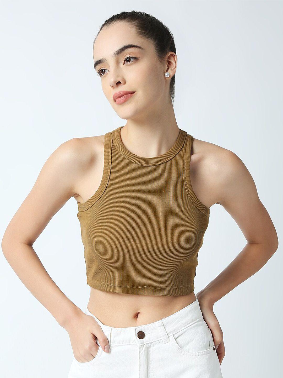 disrupt brown striped halter neck crop top