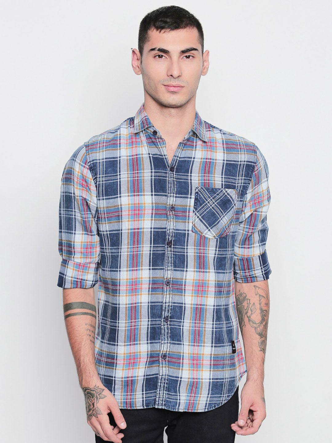 disrupt men white & navy blue checked casual shirt