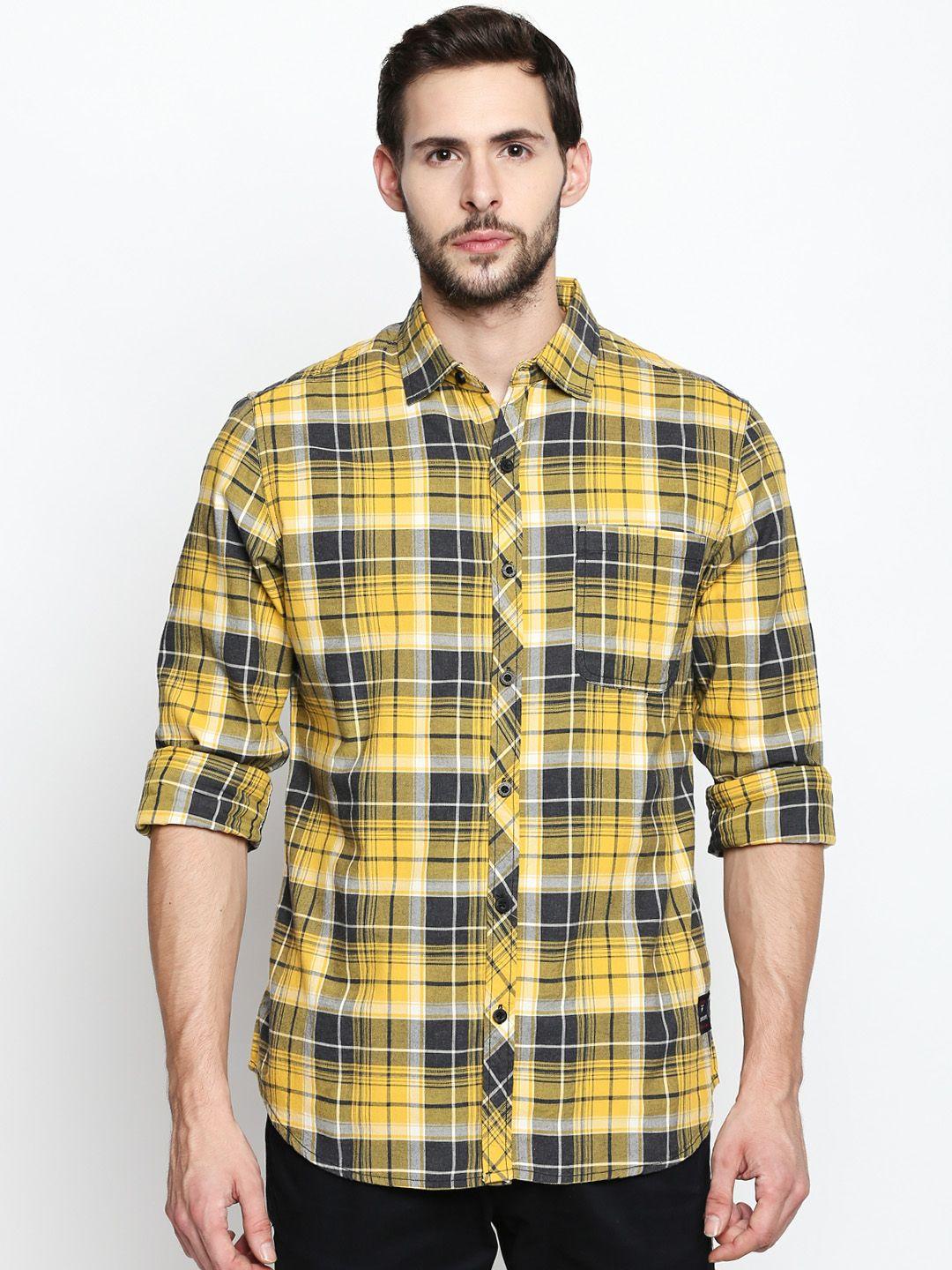 disrupt men yellow & grey regular fit checked casual shirt