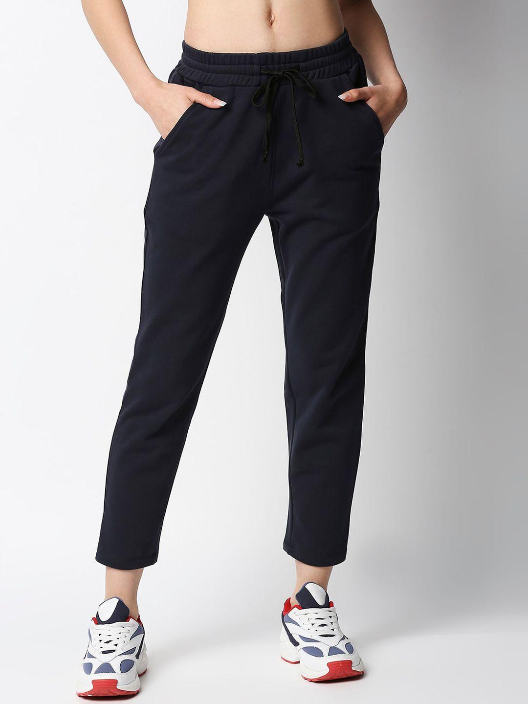 disrupt women navy blue comfort tapered fit trousers