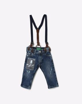 distressed washed slim fit jeans with suspenders