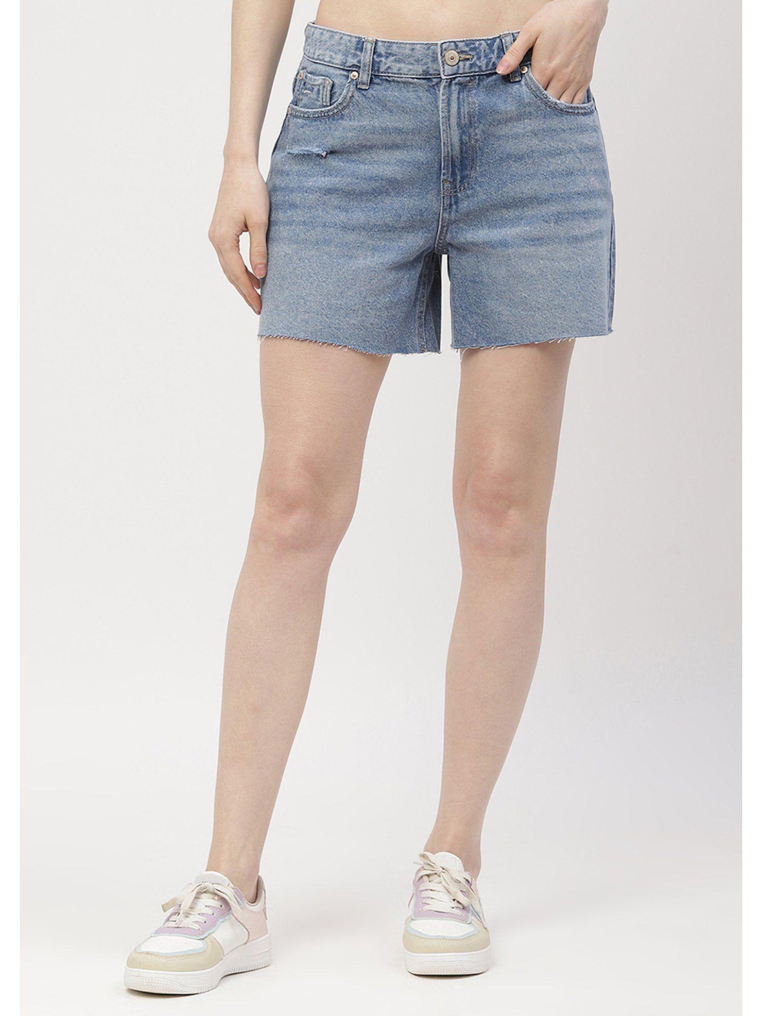 distressed blue denim shorts